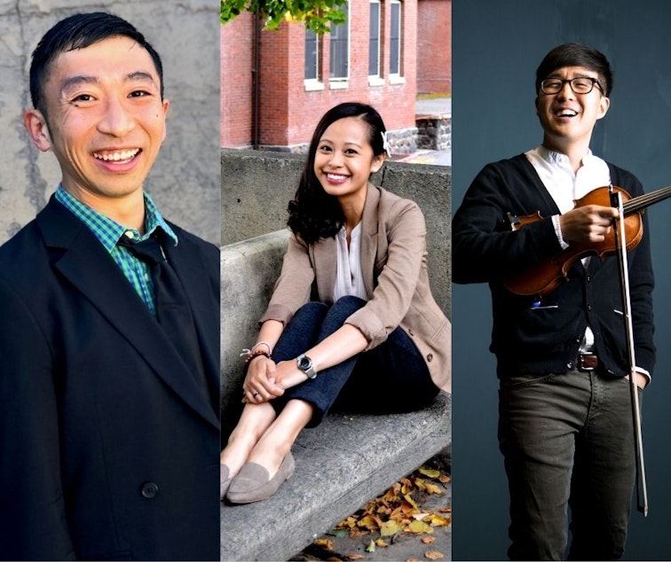 caption: From left to right, KUOW's On Asian America panelists: University of Washington professor Douglas Ishii, Eastern Oregon University professor Tabitha Espina, musician Joe Kye. 