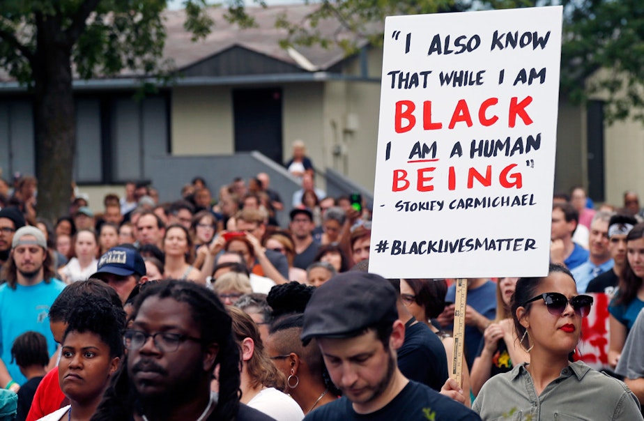 caption: Hundreds gather in St. Paul, Minn., July 7, 2016, for a vigil following the shooting death by police of Philando Castile Wednesday night in Falcon Heights, Minn.