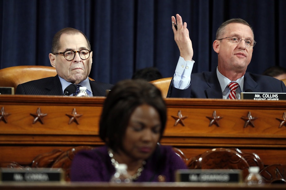 caption: 

House Judiciary Committee ranking member Rep. Doug Collins, R-Ga., gestures during his opening statement while sitting next to Judiciary Committee Chairman Jerry Nadler of New York.