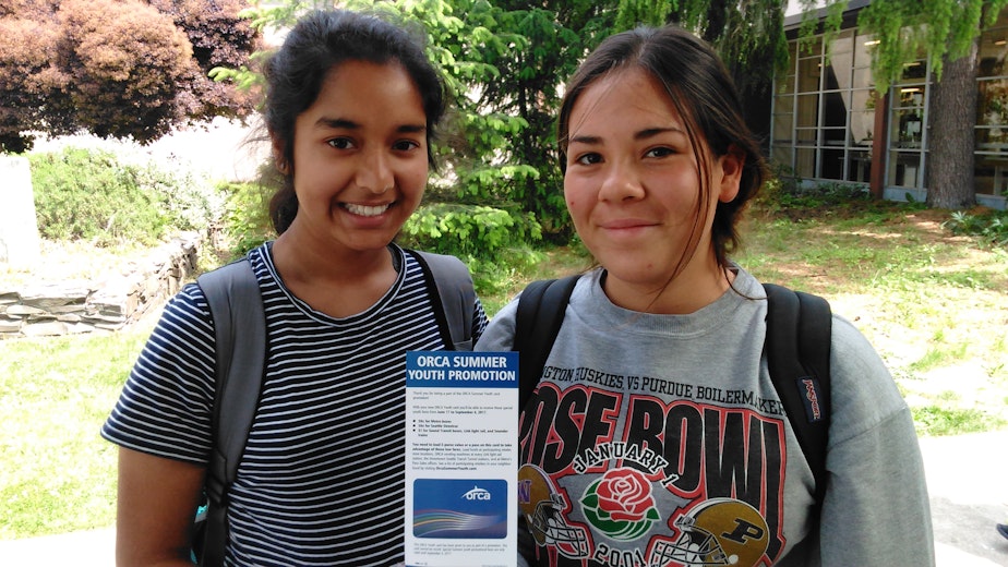 caption: Ingraham High students Anokhi Shah and Lucia Lari are excited to get disounted fares on King County Metro and Sound Transit