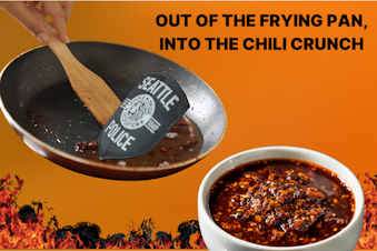 caption: Collage of a Seattle Police Department badge in a frying pan full of oil. A hand appears to be scraping the SPD badge and oil into a white bowl full of chili crisp that is surrounded by flames against a dark orange background. In the upper right corner, the illustration says, "OUT OF THE FRYING PAN, INTO THE CHILI CRUNCH." Photos courtesy of KUOW and Canva.