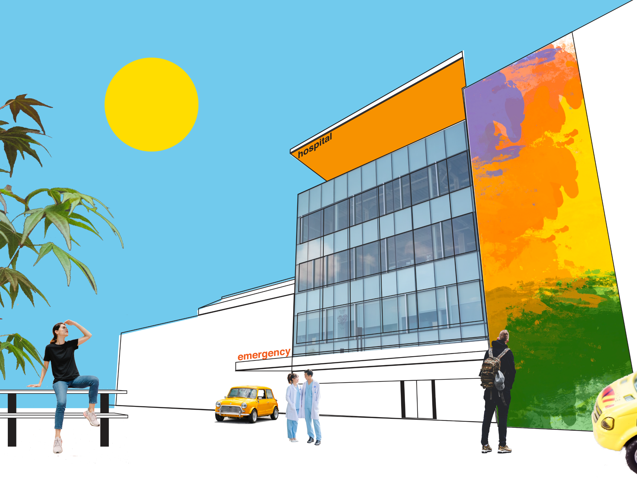 caption: Design strategist Anna Engstrom created this sketch of a futuristic hospital that appears in <em>Artists Remaking Medicine. </em>She writes that she envisions "a more colorful health care future."