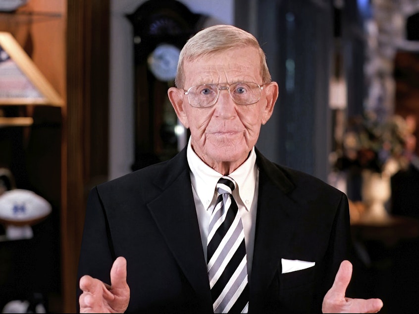 caption: Former Notre Dame football coach Lou Holtz speaks from Orlando, Fla., during the third night of the Republican National Convention on Wednesday. Holtz questioned Democratic candidate Joe Biden's Catholic faith.