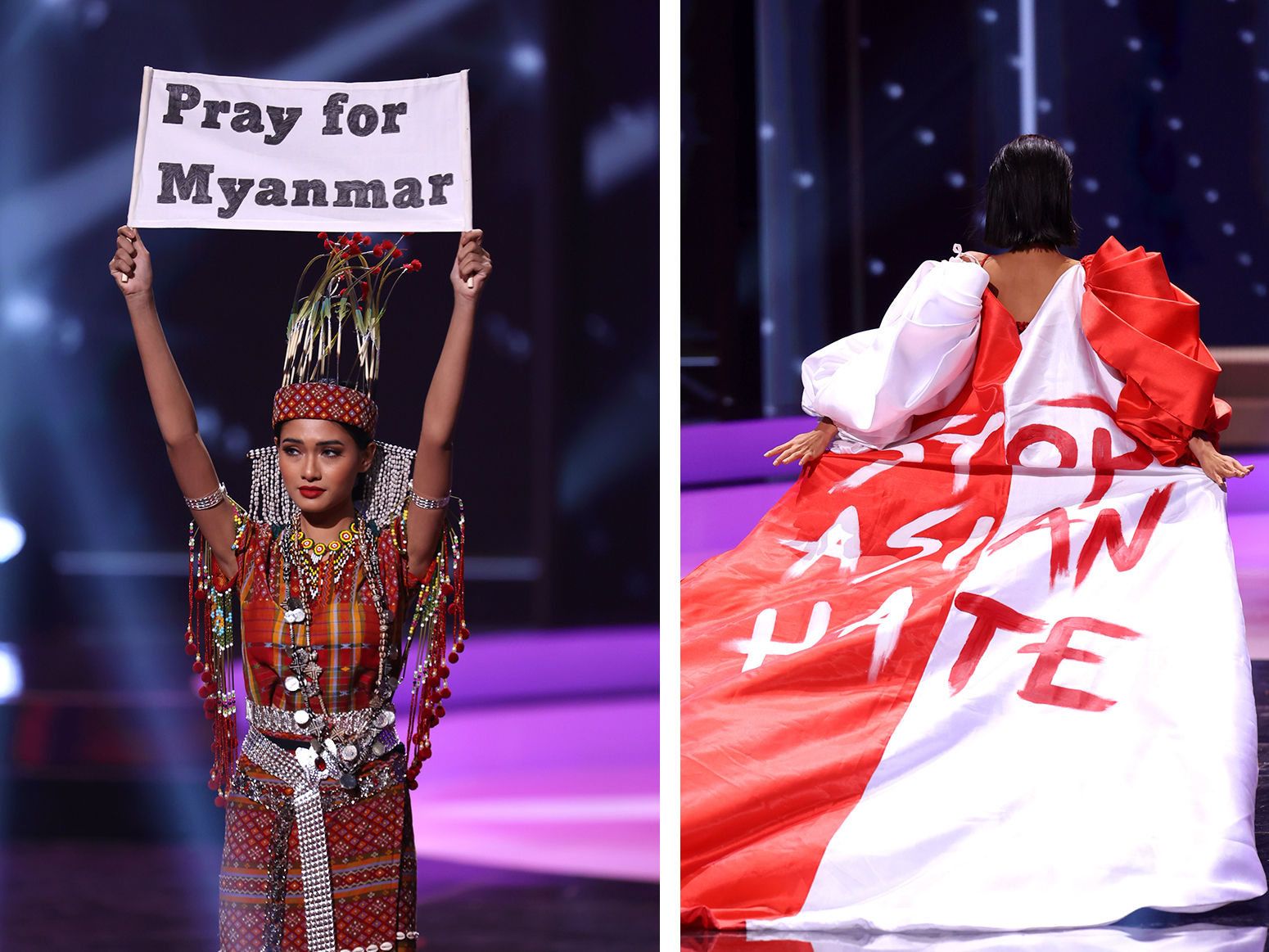 caption: Left to right: Miss Universe Uruguay Lola de los Santos, Miss Universe Myanmar Ma Thuzar Wint Lwin and Miss Universe Bernadette Belle Ong during the National Costume segment of Miss Universe 2021