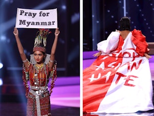 caption: Left to right: Miss Universe Uruguay Lola de los Santos, Miss Universe Myanmar Ma Thuzar Wint Lwin and Miss Universe Bernadette Belle Ong during the National Costume segment of Miss Universe 2021