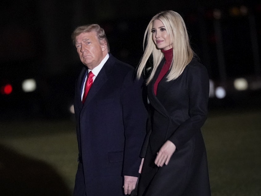 caption: Former President Donald Trump and daughter Ivanka Trump walk to Marine One on the South Lawn of the White House on Jan. 4, 2020.