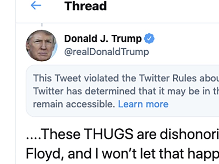 caption: This image from the Twitter account of President Donald Trump shows a tweet he posted on Friday, May 29, 2020, after protesters in Minneapolis. On Tuesday, the Center for Democracy and Technology sued Trump over the president's executive order aimed at limiting a legal protection long enjoyed by tech companies like Twitter.