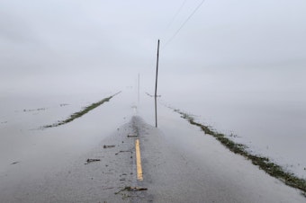 caption: A road disappears into the floodwaters of the Stillaguamish River on Dec. 5, 2023.