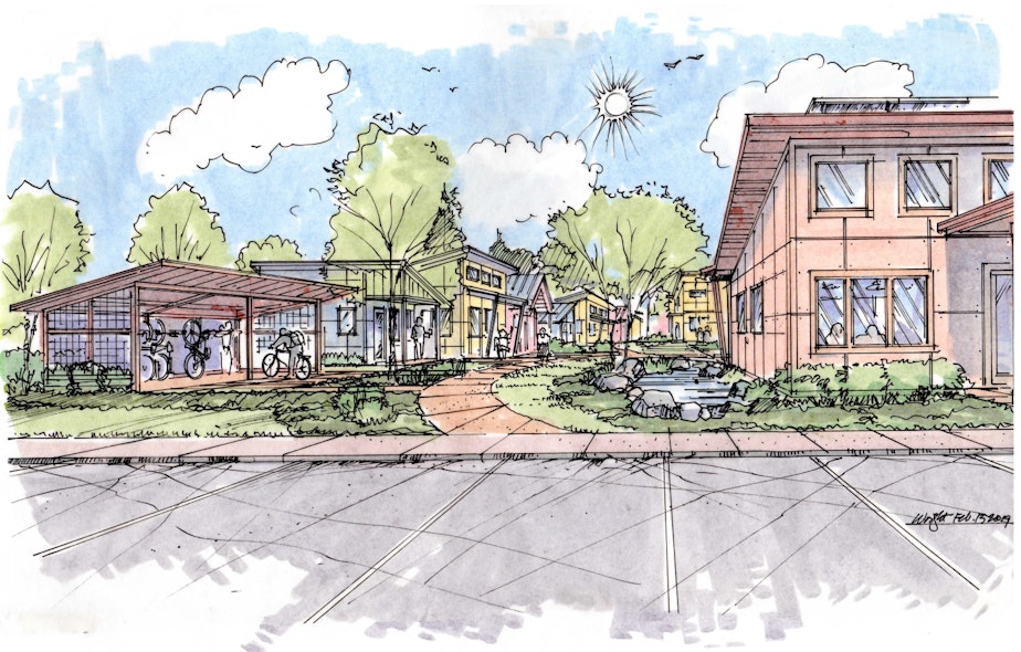 caption: An artists' rendering of Ecothrive Village, with a conventional house in front and 27 small homes behind.