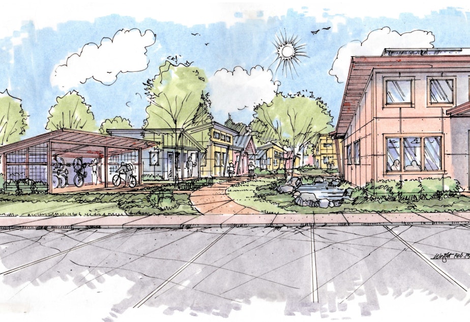 caption: An artists' rendering of Ecothrive Village, with a conventional house in front and 27 small homes behind.
