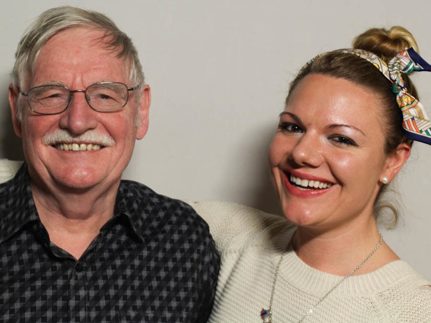 caption: Edward Kibblewhite and his daughter, Jessica, at StoryCorps in Chicago in October 2018. Jessica says that the StoryCorps conversation played a big role in their decision to try to start a family.