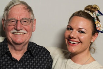 caption: Edward Kibblewhite and his daughter, Jessica, at StoryCorps in Chicago in October 2018. Jessica says that the StoryCorps conversation played a big role in their decision to try to start a family.