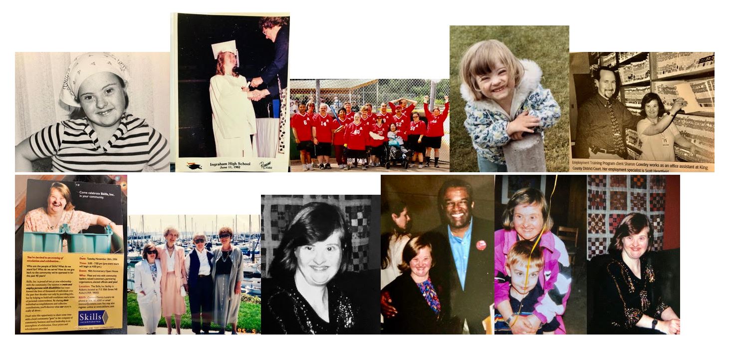 caption: A montage of photos captures special moments in the life of Sharon Gowdey who had Down syndrome and died of COVID-19 in April. People with developmental disabilites appear to have a much higher risk of death from the virus.