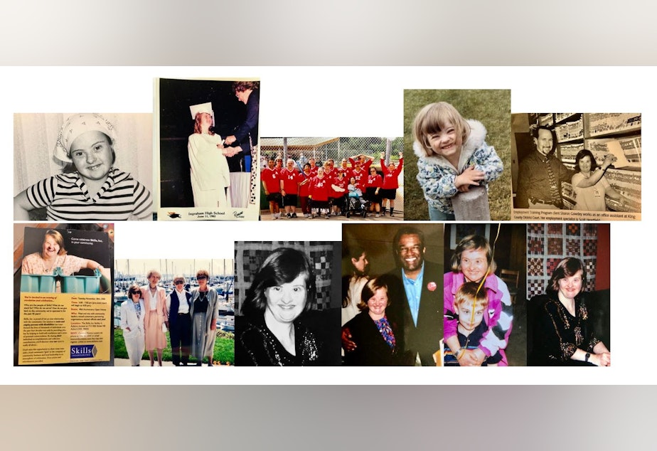 caption: A montage of photos captures special moments in the life of Sharon Gowdey who had Down syndrome and died of COVID-19 in April. People with developmental disabilites appear to have a much higher risk of death from the virus.