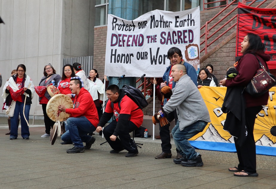 caption: More than a hundred people gathered in Anchorage for a rally to bring attention to violence against native women in October.