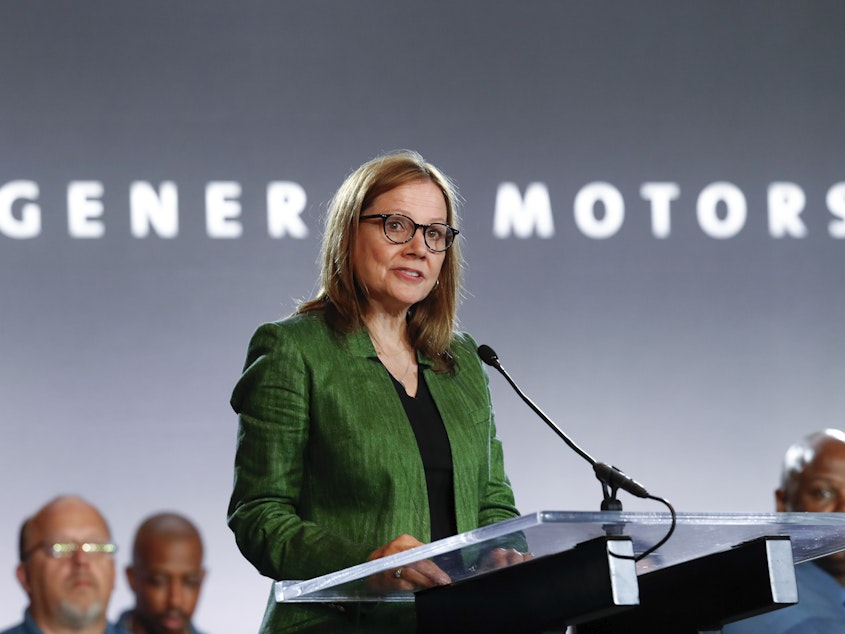 caption: General Motors CEO Mary Barra speaks during the opening of contract talks with the United Auto Workers on July 16, 2019, in Detroit.