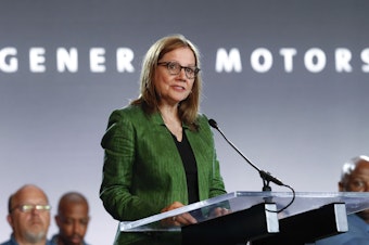 caption: General Motors CEO Mary Barra speaks during the opening of contract talks with the United Auto Workers on July 16, 2019, in Detroit.