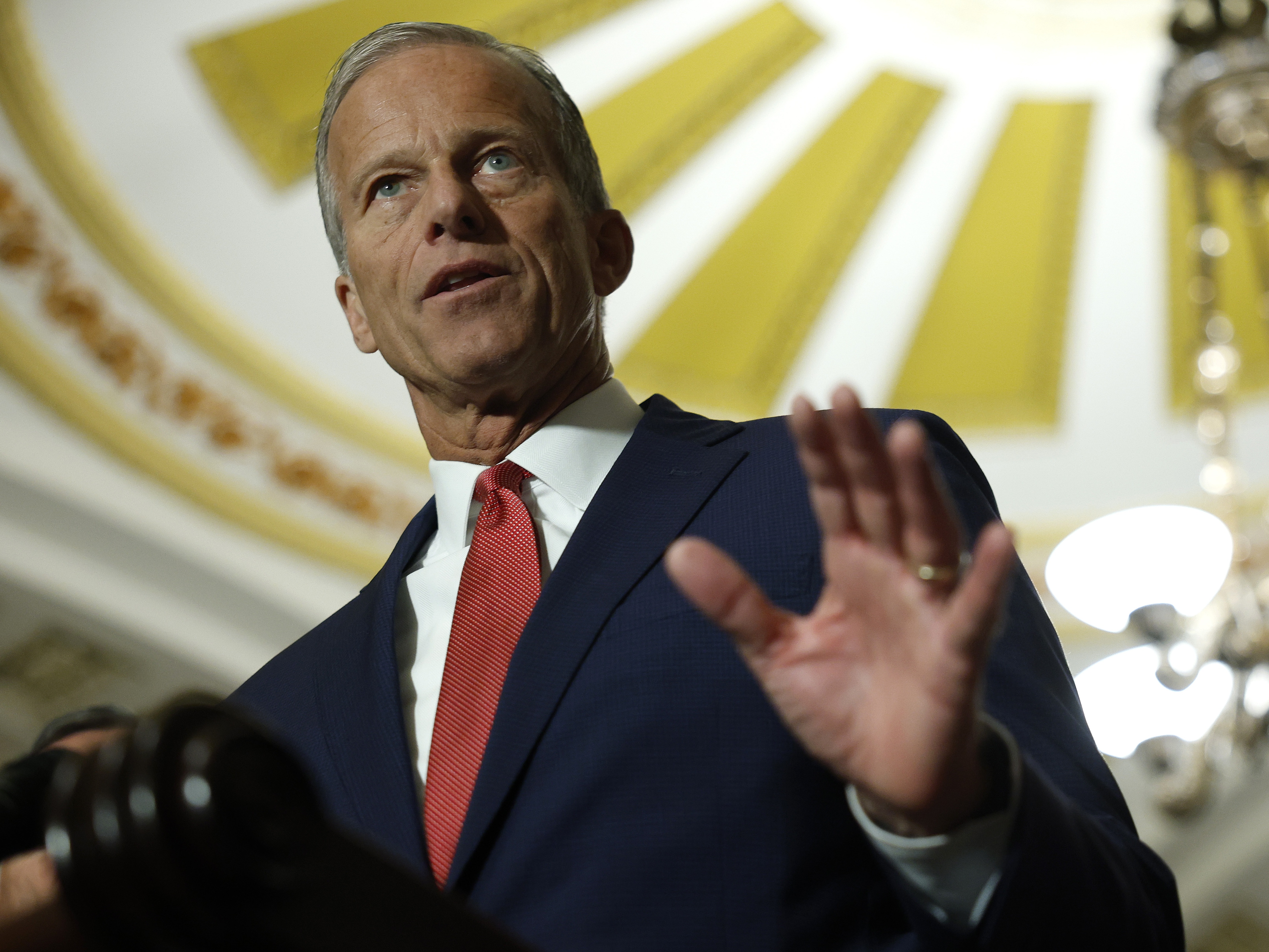 caption: Senate Majority Leader John Thune, R-S.D., speaks to the media following a Senate policy luncheon at the U.S. Capitol on Tuesday. Senate Republicans have voted to change the chamber's rules in order to speed confirmation of President Trump's nominees.