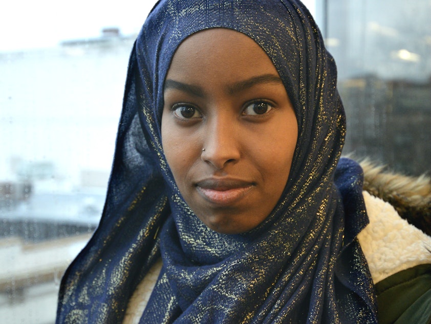 caption: 'No one deserves this,' says UW student Nasro Hassan. She says she was attacked on the University of Washington campus Nov. 15.