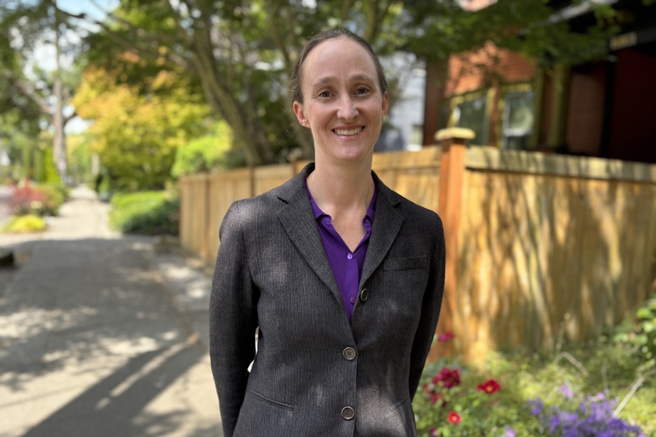 caption: Seattle mayoral candidate Katie Wilson stands for a sidewalk portrait in June 2025 on Capitol Hill in Seattle.