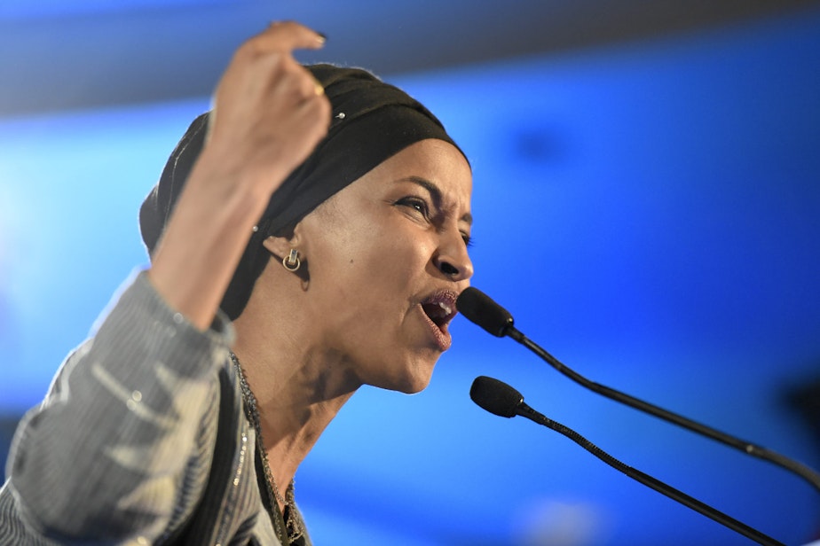 caption: Democrat Ilhan Omar speaks after winning in Minnesota's 5th Congressional District race during the election night event held by the Democratic Party Tuesday, Nov. 6, 2018, in St. Paul, Minn. (Hannah Foslien/AP)