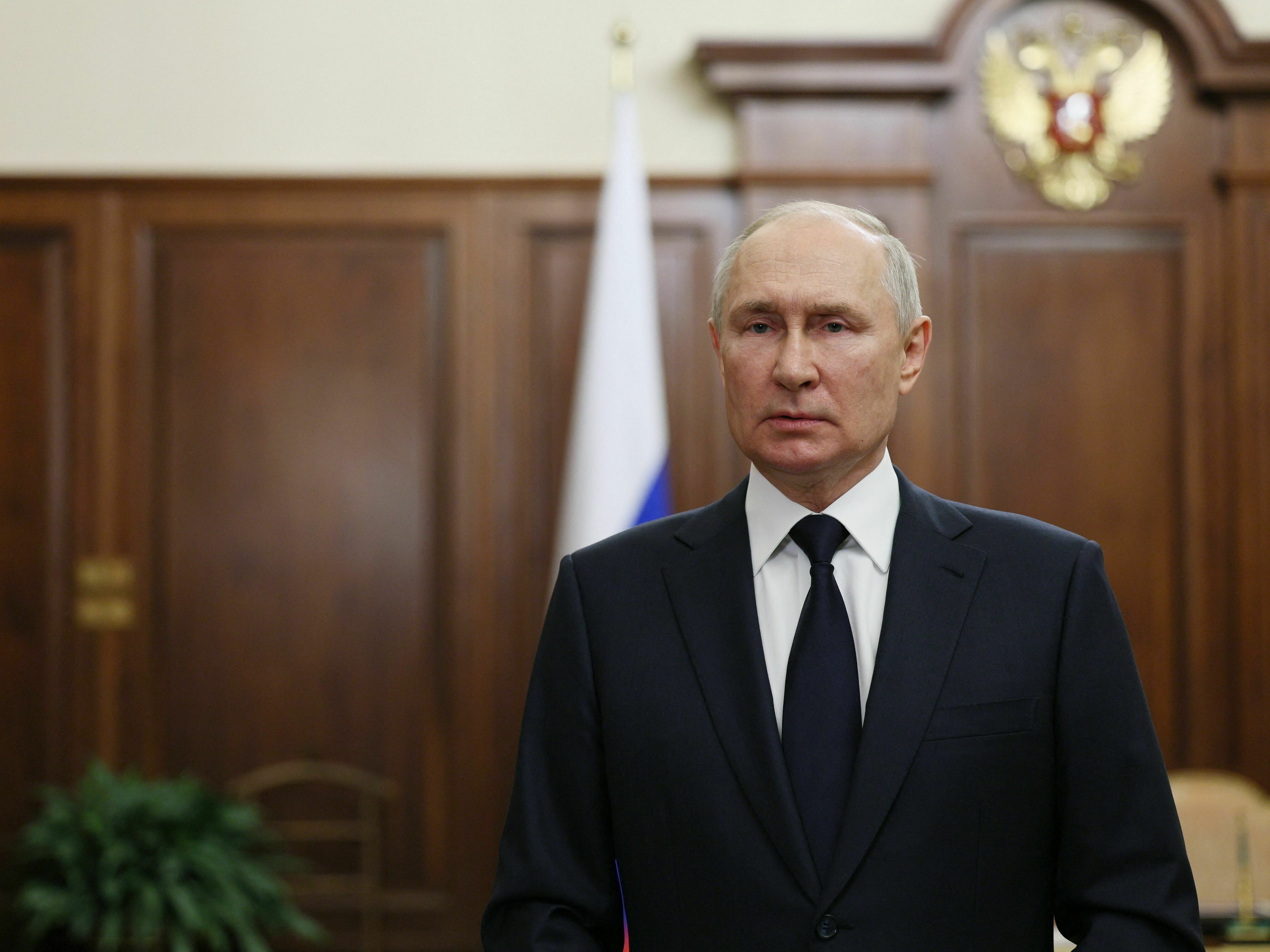 caption: Russia's President Vladimir Putin addresses the nation in Moscow on June 26.