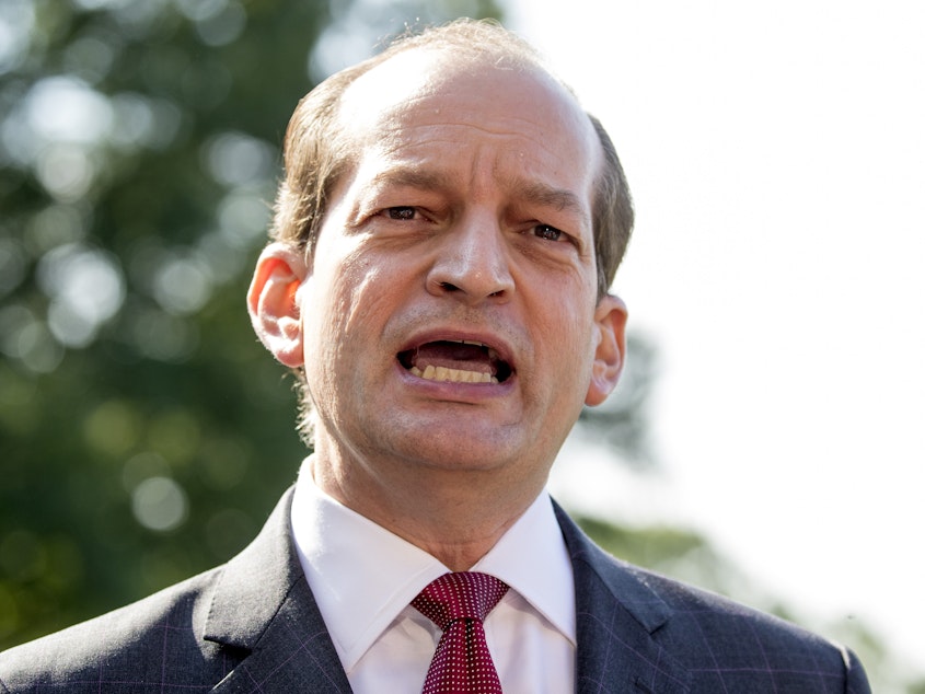 caption: Alex Acosta said Friday he is stepping down as labor secretary so his handling of a 2008 prosecution of Jeffrey Epstein won't distract from the U.S. economy's "amazing" performance.