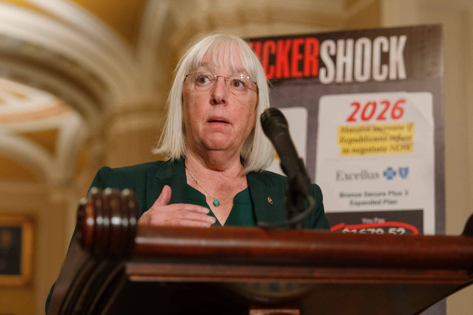 caption: U.S. Senator Patty Murray on October 15, 2025, at a Senate Democratic Leadership press conference.