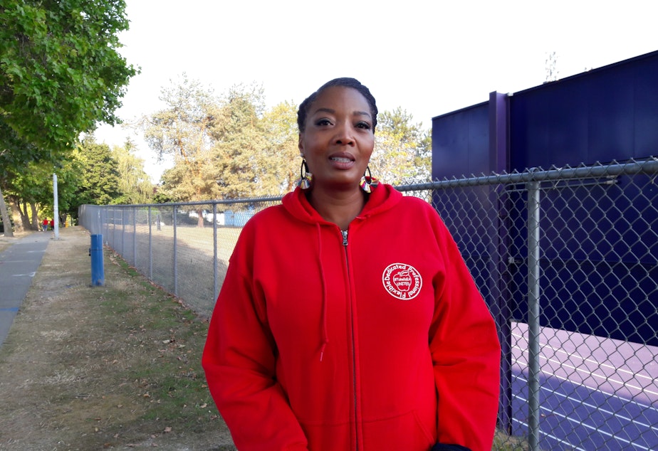caption: Nichelle Page has worked for Tukwila schools for 20 years. She says she never thought she'd see a strike.