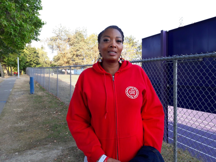 caption: Nichelle Page has worked for Tukwila schools for 20 years. She says she never thought she'd see a strike. 
