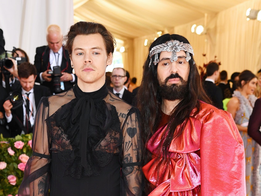 caption: Harry Styles and Alessandro Michele attend the 2019 Met Gala Celebrating Camp: Notes on Fashion at Metropolitan Museum of Art in May 2019 in New York City.