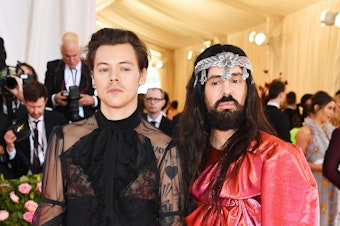 caption: Harry Styles and Alessandro Michele attend the 2019 Met Gala Celebrating Camp: Notes on Fashion at Metropolitan Museum of Art in May 2019 in New York City.