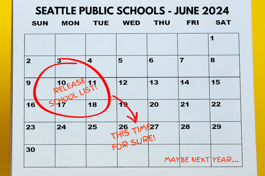 caption: A calendar illustration titled "SEATTLE PUBLIC SCHOOLS - JUNE 2024." The calendar says "RELEASE SCHOOL LIST!" in red on June 10. The date is circled, and a red arrow points to June 26, which says, "THIS TIME FOR SURE!" At the bottom of the calendar, on an unspecified date, it says, "MAYBE NEXT YEAR..." Graphics courtesy of Canva.