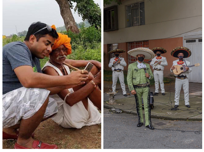 caption: Left: Tech entrepreneur Ruchit Garg is helping farmers connect to customers in India. Center: A mariachi band brings music and joy to the streets of Colombia during lockdown. Right: Designer Rhea Shah created an affordable cardboard bed for health facilities in India.