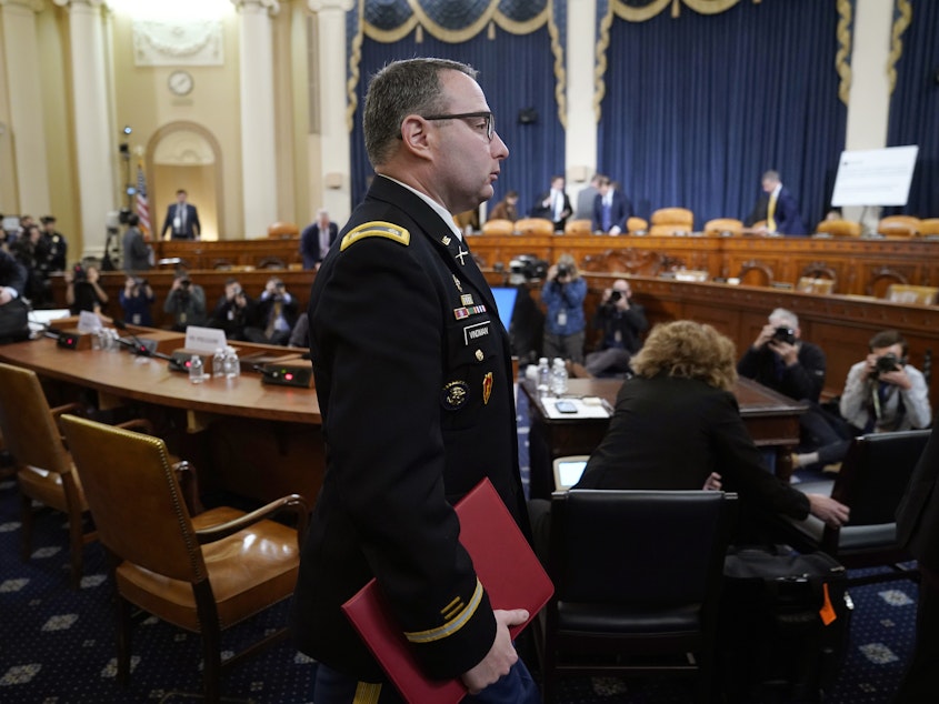 caption: Lt. Col. Alexander Vindman, departs after testifying before the House Intelligence Committee in November 2019.