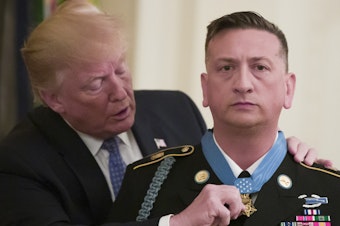 caption: President Donald Trump presents the Medal of Honor to retired Army Staff Sgt. David Bellavia in the East Room of the White House on Tuesday. Bellavia received the award for conspicuous gallantry while serving in support of Operation Phantom Fury in Fallujah, Iraq in 2004.