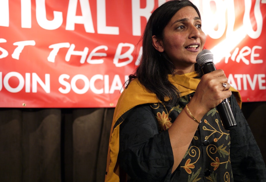 City Councilmember Kshama Sawant speaks at her election night party at Melrose Market in Seattle on Tuesday, Nov. 3, 2015.