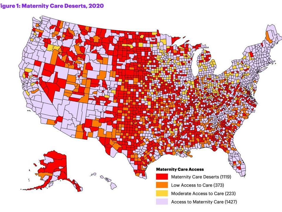 caption: This map from the nonprofit March of Dimes shows maternity care deserts across the U.S. in 2020.