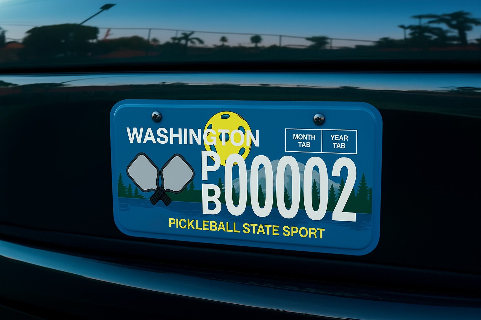 caption: Washington state's new pickleball license plate.