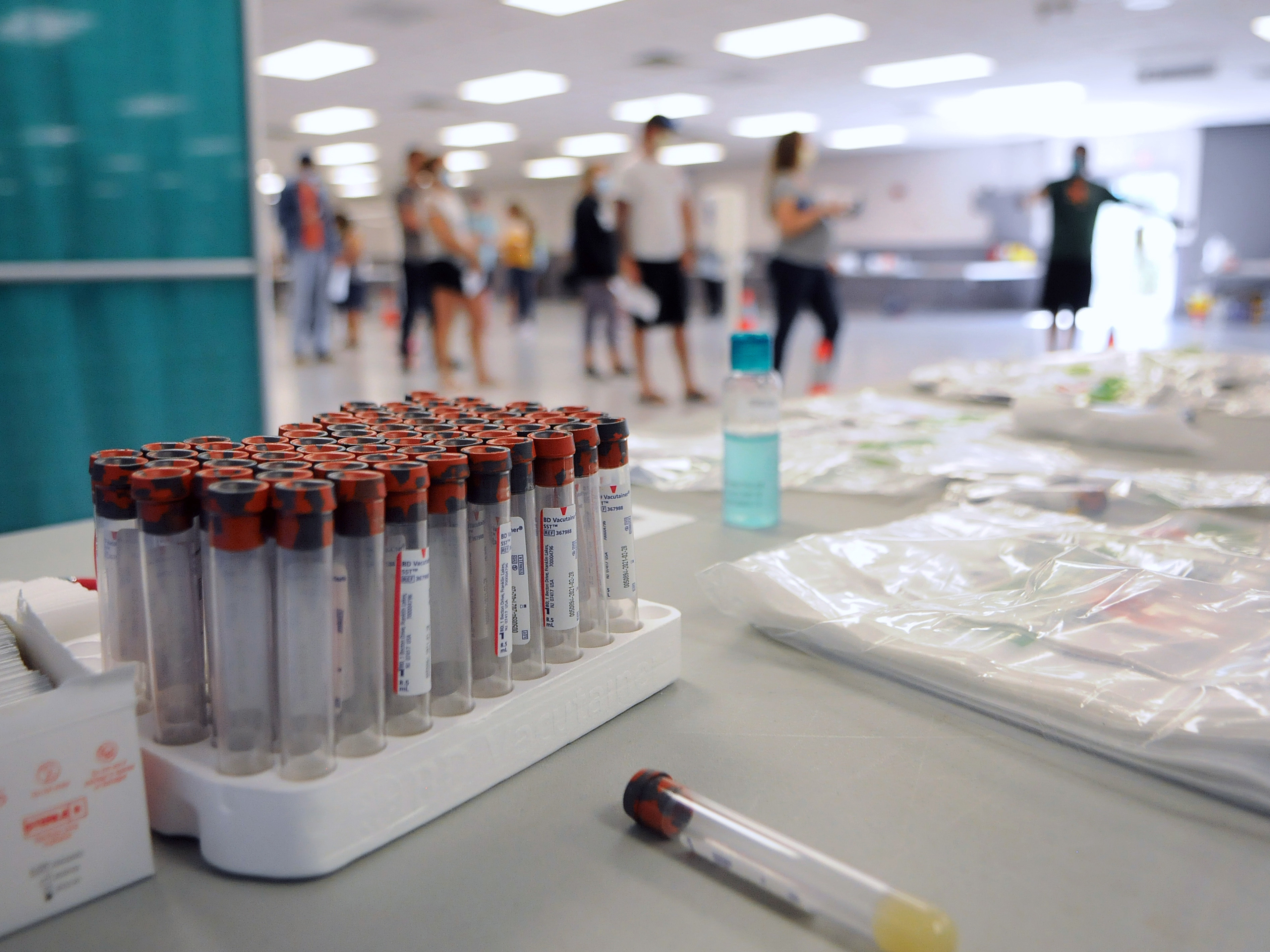 caption: Blood collection tubes sit in a rack on the first day of a free COVID-19 antibody testing event at the Volusia County Fairgrounds in DeLand, Fla., on May 4<strong>.</strong>