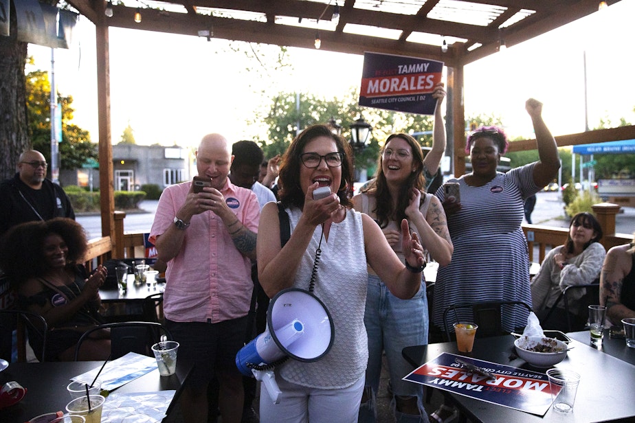 caption: Seattle City Council incumbent Tammy Morales, representing District 2, addresses supporters as the first results come in during a primary election night gathering on Tuesday, August 1, 2023, at Taco City Taqueria along Rainier Avenue South in Seattle. 