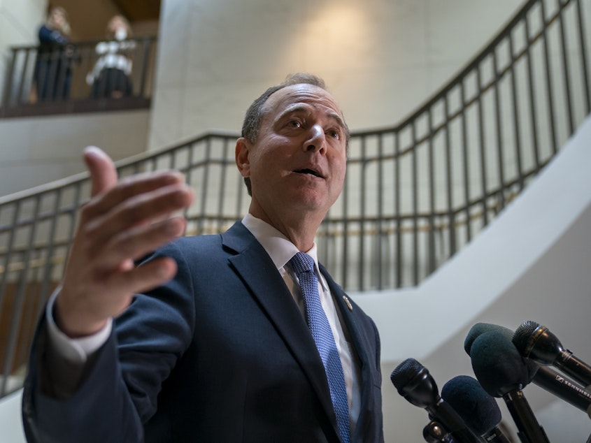 caption: Rep. Adam Schiff (D-Calif.), chairman of the House Intelligence Committee, speaks with reporters about a whistleblower complaint on Thursday.