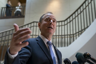 caption: Rep. Adam Schiff (D-Calif.), chairman of the House Intelligence Committee, speaks with reporters about a whistleblower complaint on Thursday.