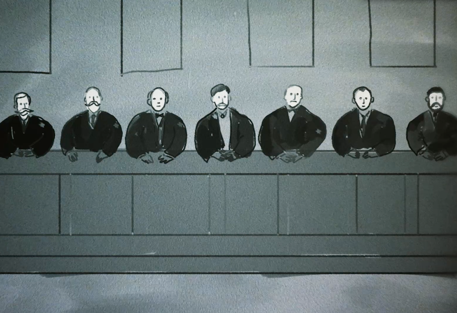 caption: An illustration of the state Supreme Court justices deciding on income tax legislation in 1933. A link to this strange story is below.