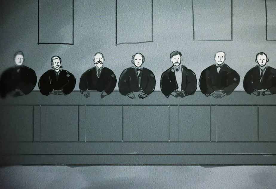 caption: An illustration of the state Supreme Court justices deciding on income tax legislation in 1933. A link to this strange story is below.