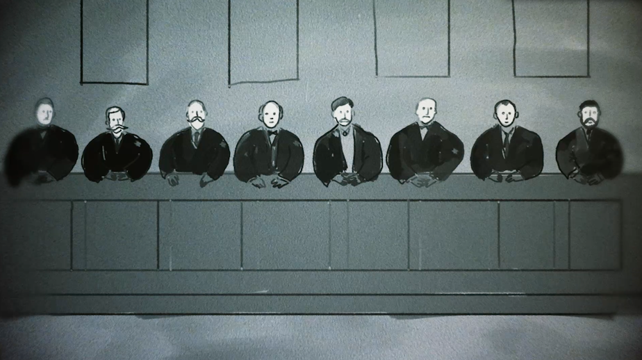 caption: An illustration of the state Supreme Court justices deciding on income tax legislation in 1933. A link to this strange story is below.