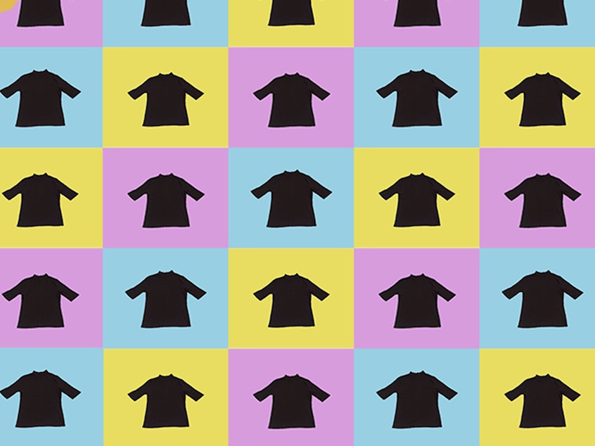 A grid showing 30 identical black T-shirts on a checkerboard of yellow, light blue and purple  rectangles.