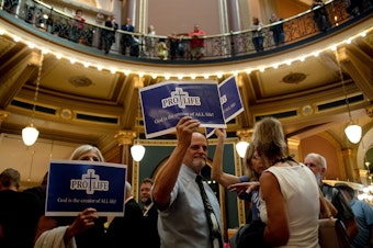 caption: In a special legislative session that lasted around 15 hours, Republican lawmakers passed a "fetal heartbeat" bill that would effectively ban abortion after six weeks on Tuesday, July 11. Hundreds of Iowans rallied at the Capitol in protest and support of the legislation, clashing often in the building's rotunda.
