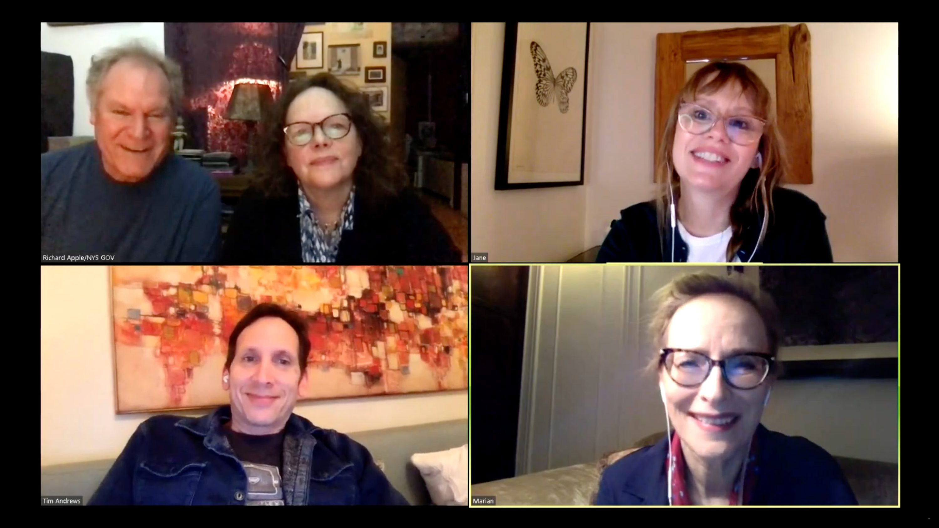 caption: Jay O. Sanders, Maryann Plunkett, Sally Murphy, Laila Robins, and Stephen Kunken (clockwise) in the livestreamed world premiere of the Apple Family Play, What Do We Need To Talk About?, written and directed by Richard Nelson. Photo credit: courtesy of The Public Theater.