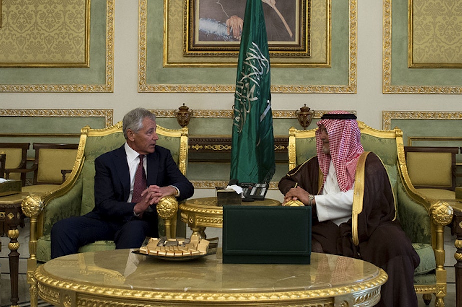 caption: Secretary of Defense Chuck Hagel met with Prince Fahd bin Abdullah, Deputy Minister of Defense, this April in Saudi Arabia. Since then, the relationship between the US has been in flux, particularly in regards to Syria.